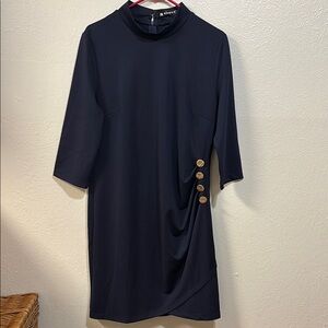Allegra K Navy Blue Dress with Mock Neck and 3/4 Sleeves gold buttons